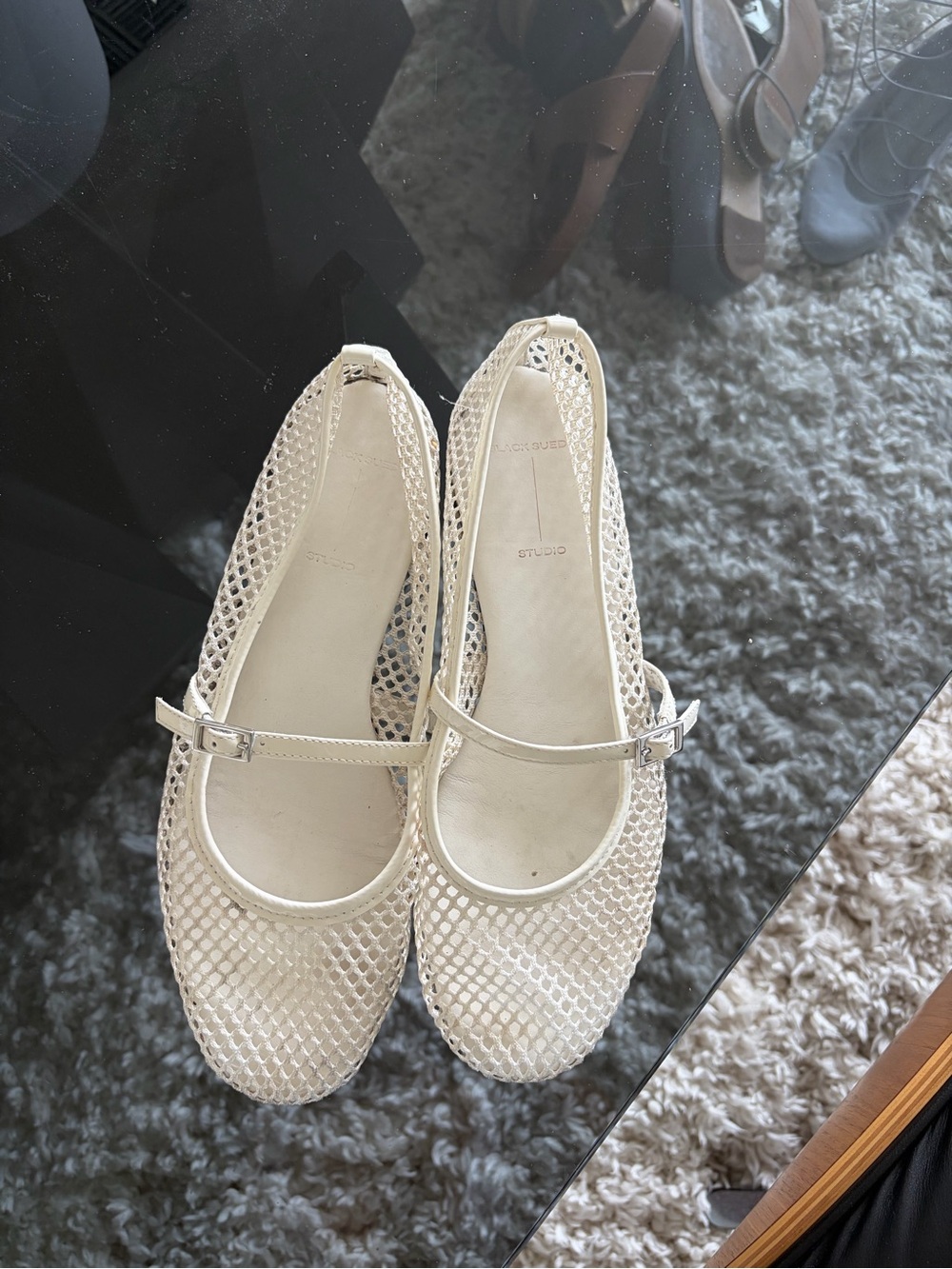 Black Suede Studio white Mary Jane Ballet Flats with Mesh Upper